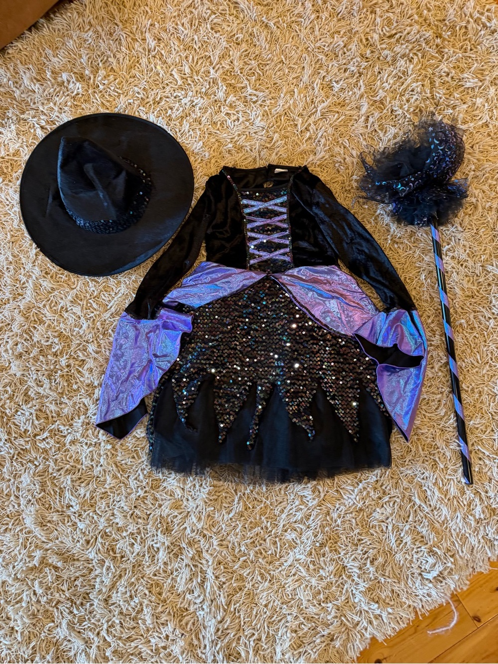 Kids Black and Purple Sequin Witch Costume Dress with Hat and Wand